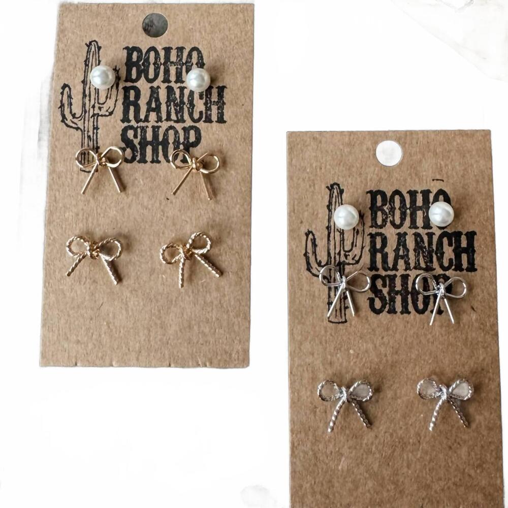 NEW BOHO RANCH women's coquette bow & pearl stud earring set in silver